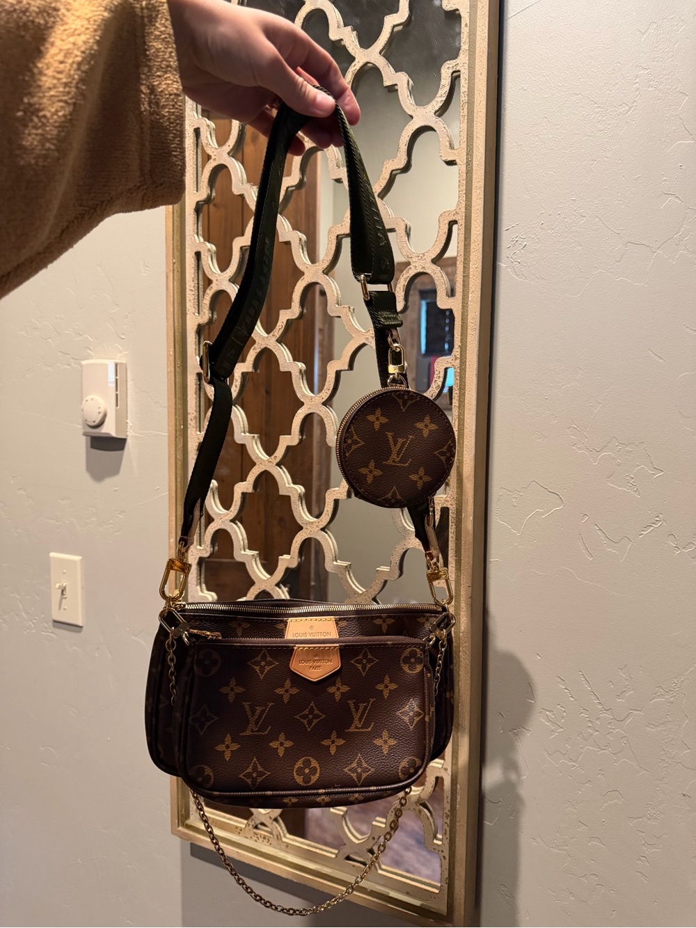 Louis Vuitton Brown Monogram Canvas Multi-Pochette Crossbody with Green Strap